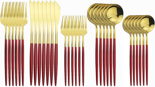Silverware Set – 30 Piece Family Dinnerware Set – Flatware Set Service For 6 – Red Gold Tableware Sets – Cutlery Great For Family Gatherings & Daily Use – Spoons, Knives, Forks