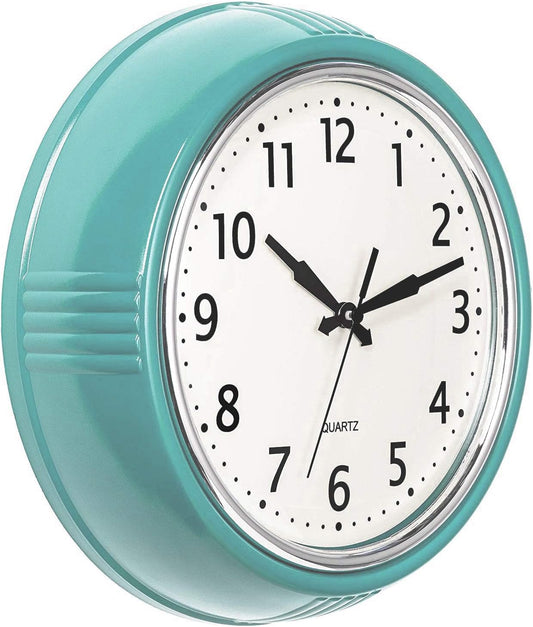 Bernhard Products Retro Wall Clock 9.5 Inch Blue Kitchen 50's Vintage Design Round Silent Non Ticking Battery Operated Quality Quartz Clock (Robin Egg Blue)
