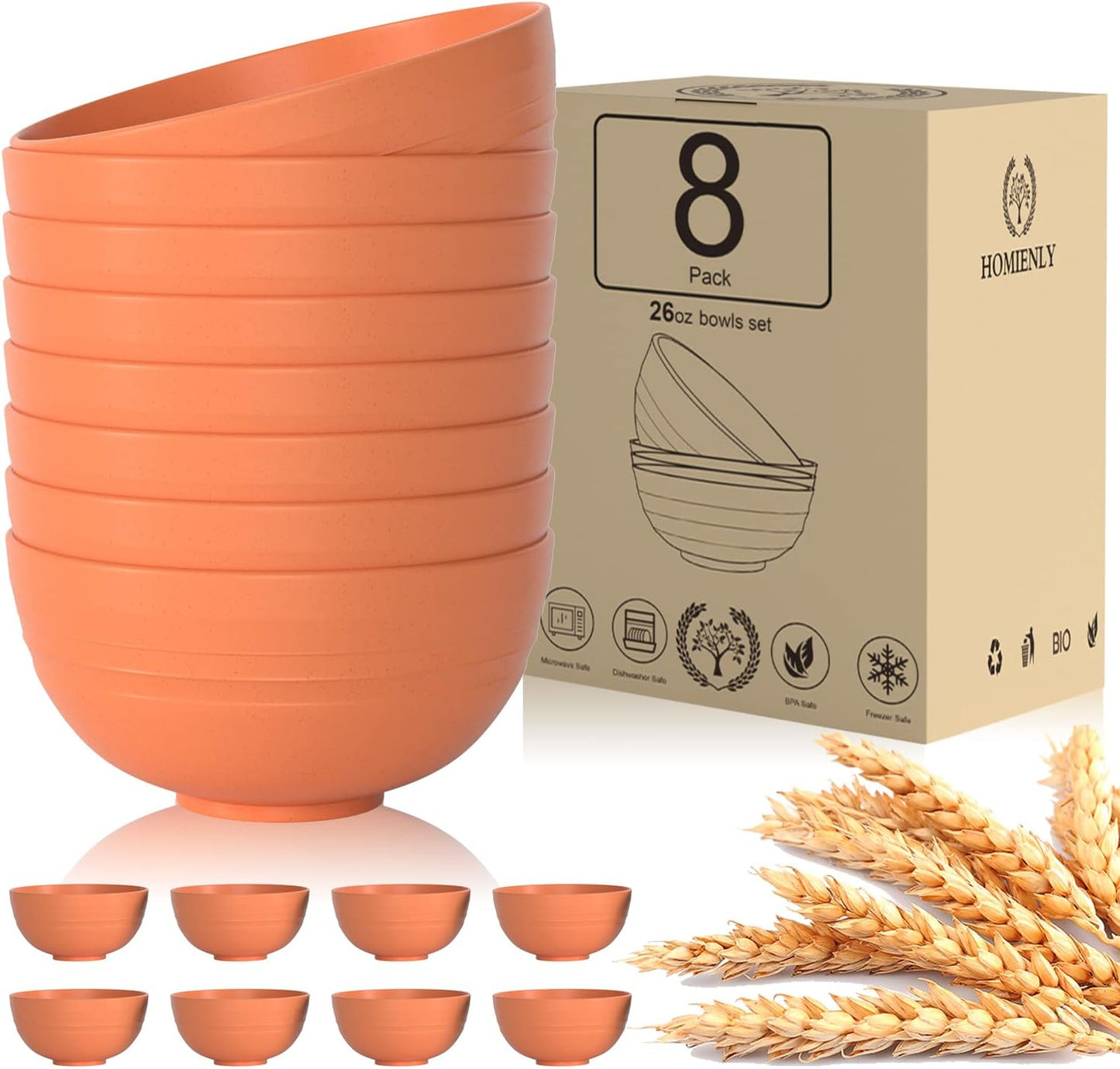 Homienly Wheat Straw Cereal Bowl Set, Wheat Straw Bowls Set - 8 PCS, Unbreakable Lightweight Bowl for Kitchen, Camping, Microwave and Dishwasher Safe Bowls, Soup Bowl (Orange, 26 OZ)