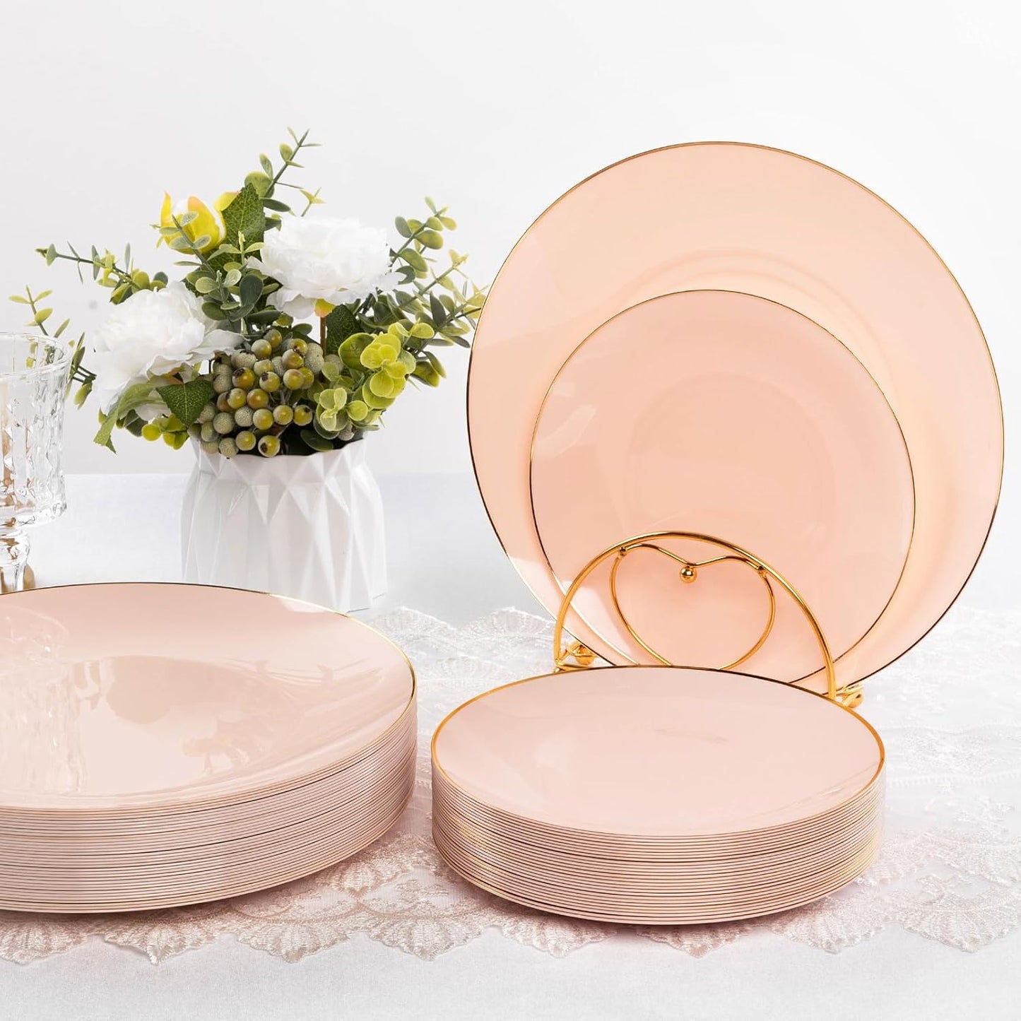 100PCS Pink Gold Plastic Plates, Pink Disposable Plates for Party, Wedding and Graduation, Include 50 Dinner Plates, 50 Dessert Plates for 50 Guests