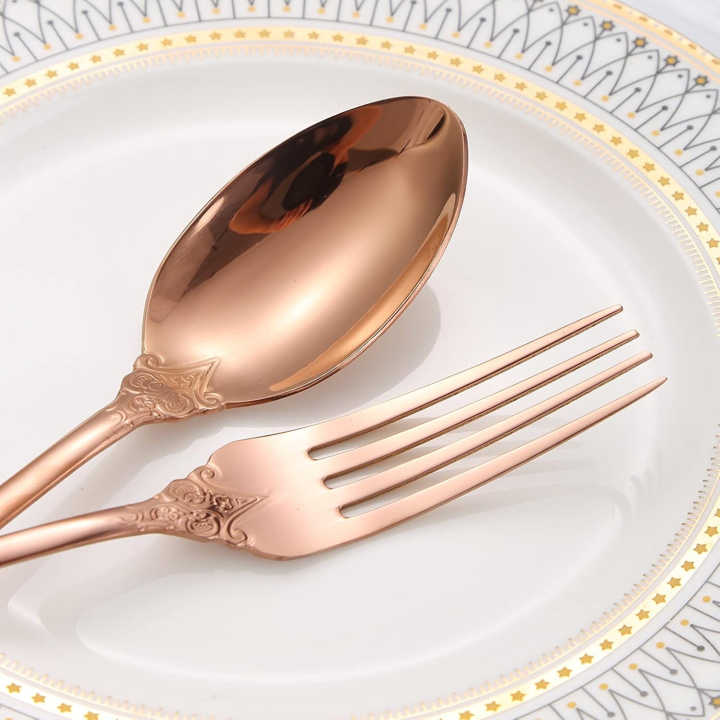 Royal Silverware Set for 8 Copper/Rose Gold Stainless Steel Flatware Retro Cutlery Vintage Eating Utensils Carved Design for Home Kitchen Restaurant Parties