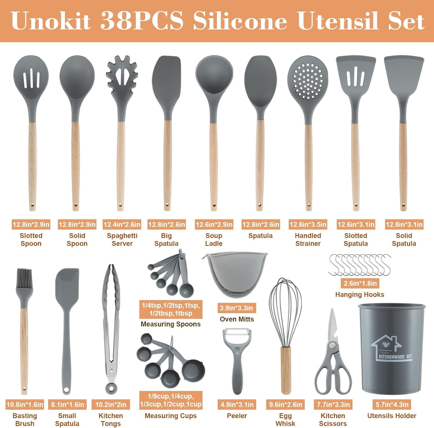 Unokit Silicone Cooking Utensils Set for Kitchen - 38 PCS Utensils Set, 446℉ Heat Resistant Cooking Utensils Spatula Set with Wooden Handle and Holder, Gadgets for Non-Stick Cookware, Grey
