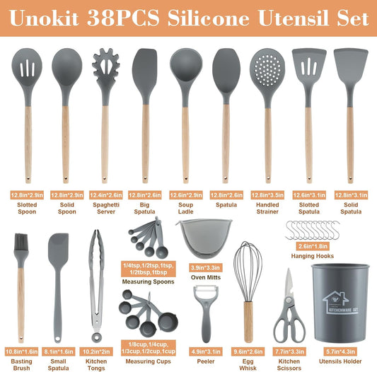 Unokit Silicone Cooking Utensils Set for Kitchen - 38 PCS Utensils Set, 446℉ Heat Resistant Cooking Utensils Spatula Set with Wooden Handle and Holder, Gadgets for Non-Stick Cookware, Grey