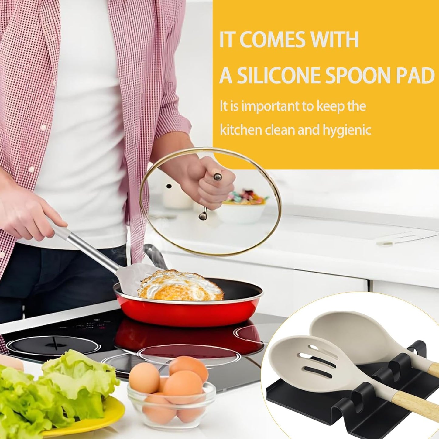 3Piece Silicone Spatula Set, Heat-Resistant, Non-Stick Kitchen Spatulas, BPA-Free, for Eggs, Pancakes, Fish, Woks, Includes Multifunctional shelf spoon pad (khaki)