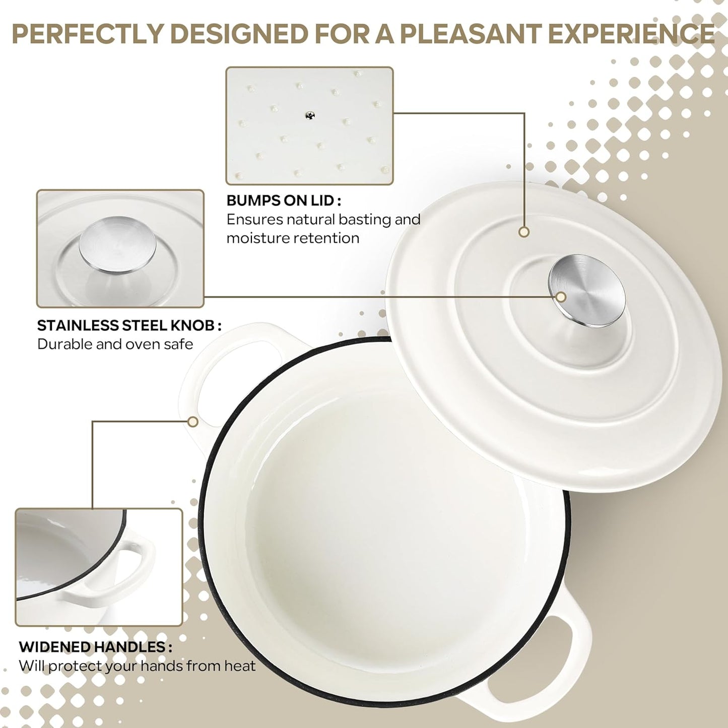 Herogo 3QT Enameled Cast Iron Dutch Oven with Lid, Heavy Duty Round Dutch Oven Pot with Dual Handles for Bread Baking Stewing Roasting, Safe for Various Stovetops, Nonstick & Easy Cleanup - White