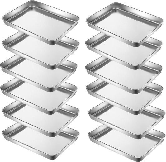 Extra Small Serving Tray in Bulk Stainless Steel 304 Little Tiny Baking Sheet Pans 9.3 x 6.9 x1.1Inch (Diagonal 10.63) Dishwasher Safe No Rust Reheat Food for 1~2 Person 12 Pack