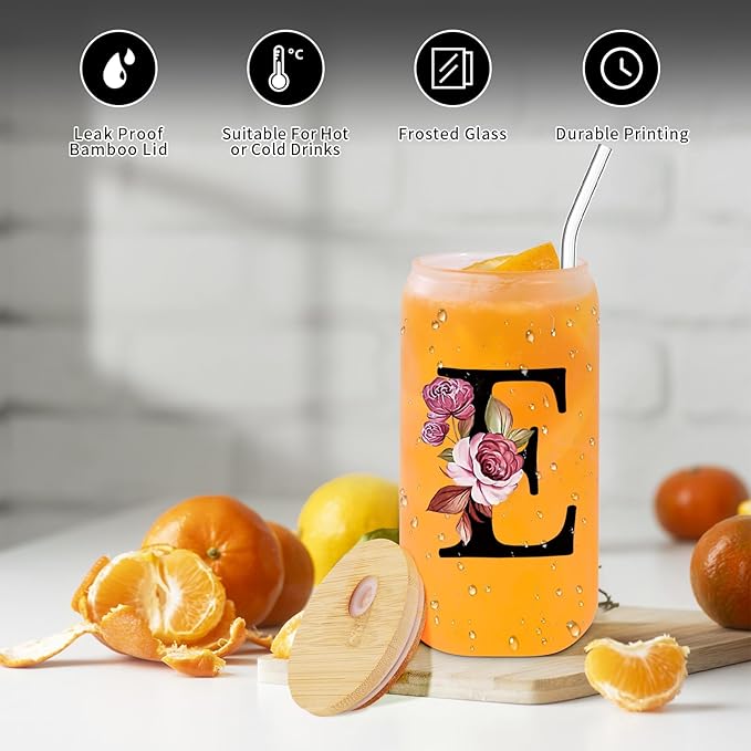 Monogrammed Glass Drinking Cup With Lid Straw Best Female Friend Happy Birthday Gift Ideal Close Women Bf Stuff Bestie Soul Sister Ever Long Distance Personalized Unique Cute Christmas Xmas Present,E