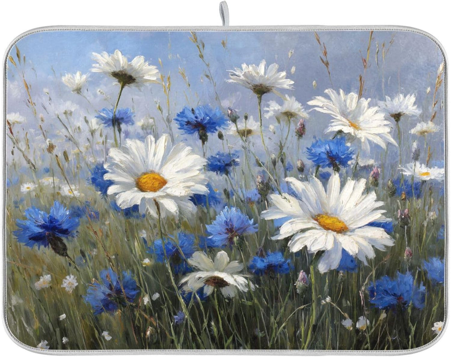 White Daisies and Cornflowers Dish Drying Mat for Kitchen Counter Super Absorbent Dishes Pad Reversible Microfiber Protector Dish Draining Mats 16x18 inch