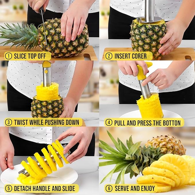 Zulay Kitchen Stainless Steel Pineapple Corer & Slicer + Eye Removal Tool – Heavy Duty Pineapple Cutter with Reinforced Blade – Effortless Pineapple Core Remover & Slicer - Yellow