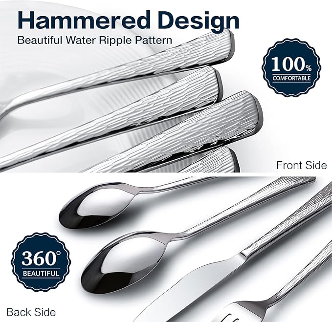 KINGSTONE Hammered Silverware Set, Flatware Set with Serving Utensils, 18/10 Stainless Steel Premium Cutlery with Unique Ripple Handles Design Mirror Polished - Dishwasher Safe (45-Piece)