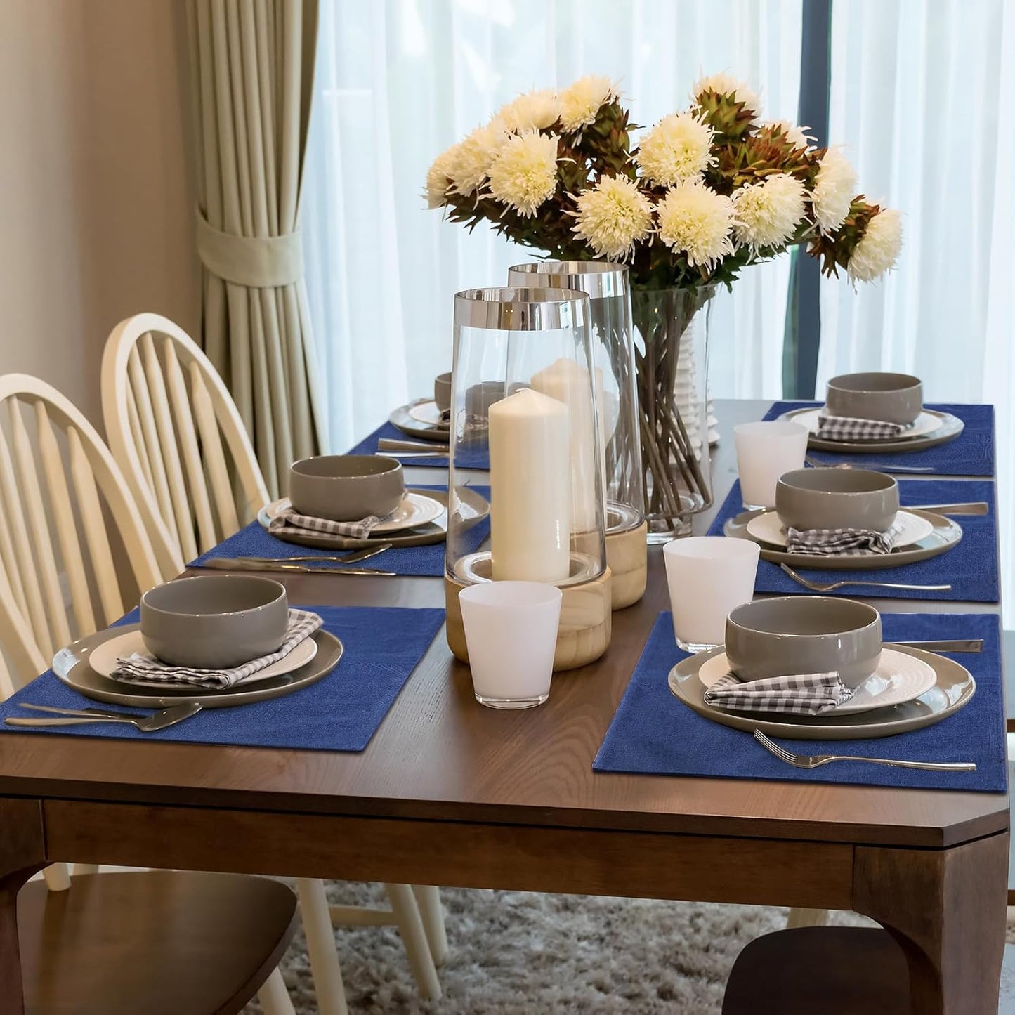 Sieral Cloth Placemats Set of 12 Rectangle Dining Table Placemats Bulk 13 x 19 Inch Machine Washable Heat Resistant Cotton Linen Table Mats for Wedding Baby Shower Birthday Party Supplies(Dark Blue)