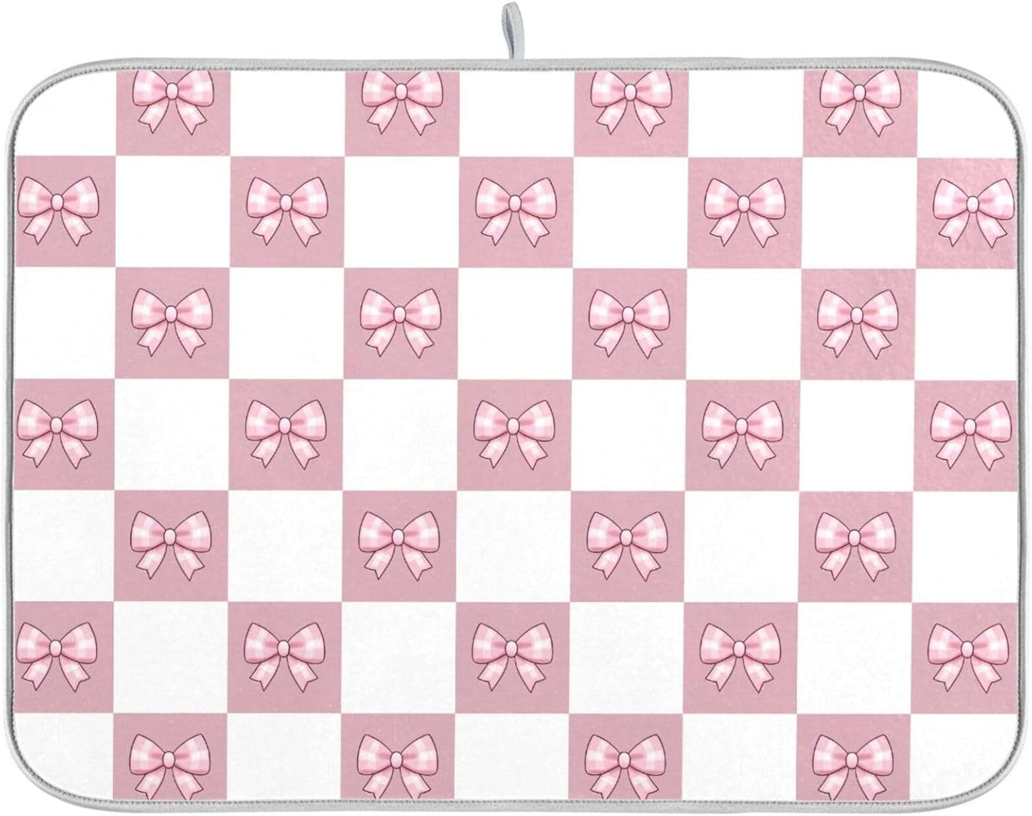 Pink White Bow Checkered Dish Drying Mat for Kitchen Counter Absorbent Dish Drainer Mats Drying Pads 18"x24"