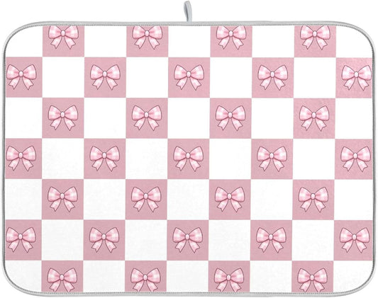 Pink White Bow Checkered Dish Drying Mat for Kitchen Counter Absorbent Dish Drainer Mats Drying Pads 18"x24"