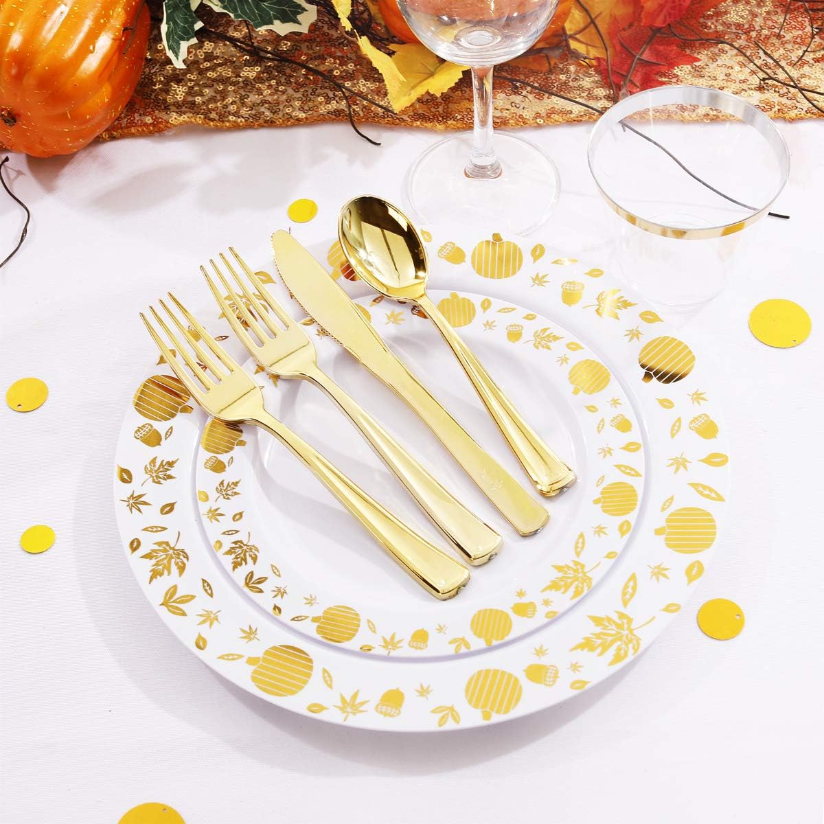 WDF 150pcs Gold Plastic Plates with Disposable Plastic Silverware - Premium Thanksgiving Dinnerware Sets for Thanksgiving Day&Parties