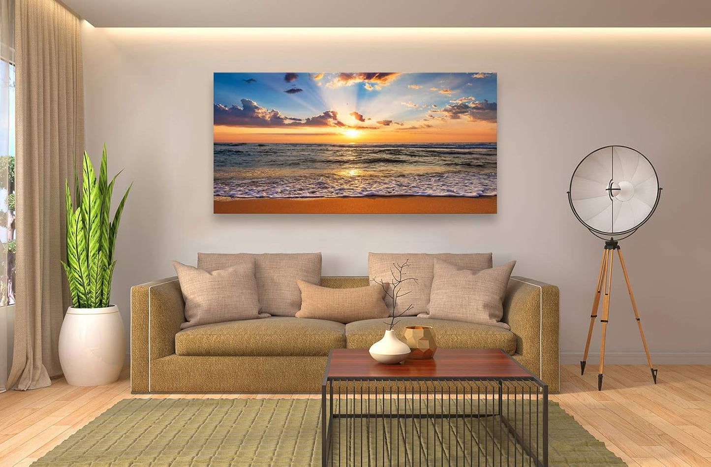 Muolunna BK1875 Wall Art Decor Large Canvas Print Picture Sunrise Ocean Beach 1 Panel Waves Scenery Painting Artwork for Office Wall Decor Home Decoration Stretched and Framed Ready to Hang XLarge