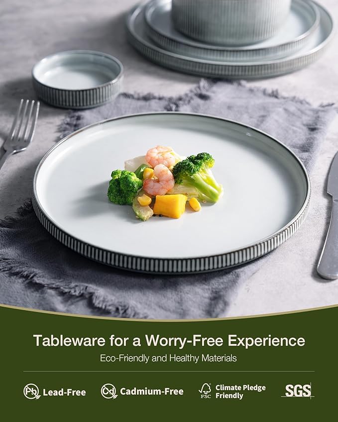 Famiware Star Dinnerware Set with Pasta Bowls, Service for 6 (24 Pieces), Ribbed Stoneware Plates and Double Bowls Sets - Chip & Scratch Resistant, Microwave & Dishwasher Safe Dishes, Smoky Blue