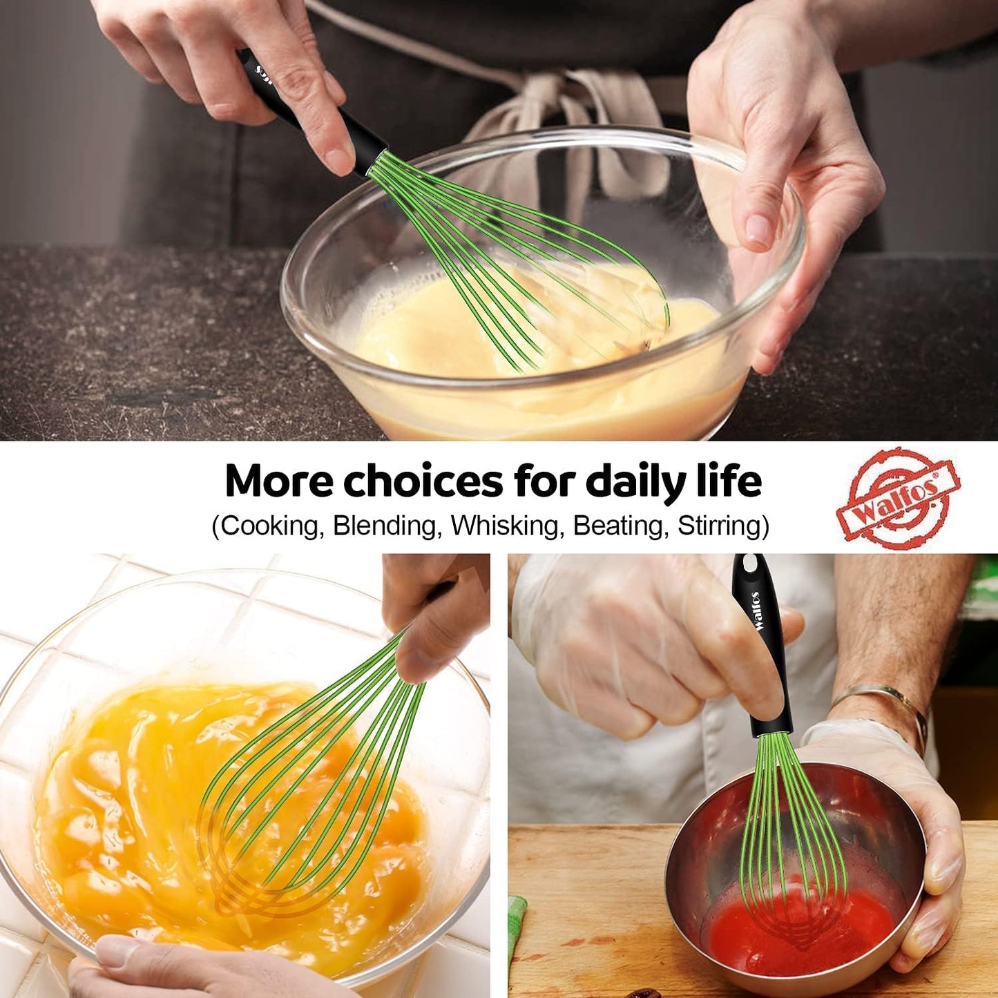 Walfos Silicone Whisk, Rubber Whisks for Cooking, Baking (11,9,8.5 inch) - Heat Resistant Kitchen Whisks for Non-stick Cookware, Balloon Egg Beater Perfect for Blending, Whisking, Beating, Frothing