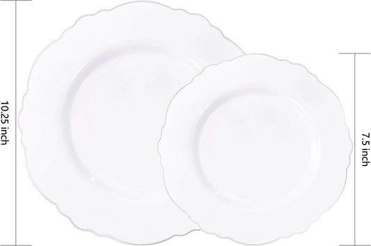 WDF 60pcs Silver Plastic Plates-Baroque White &Silver Plates for Upscale Parties &Wedding-including 30Plastic Dinner Plate 10.25inch, 30 Salad Plate 7.5inch for Christmas