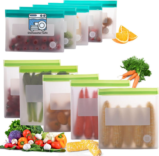 Reusable Food Storage Bags – 10-Pack Stand-Up, BPA-Free, Freezer, Dishwasher Safe & Eco-Friendly – 5 Gl, 5 L Bags – Airtight Leakproof Ziplock Bags for Kitchen Storage (Multicolor)