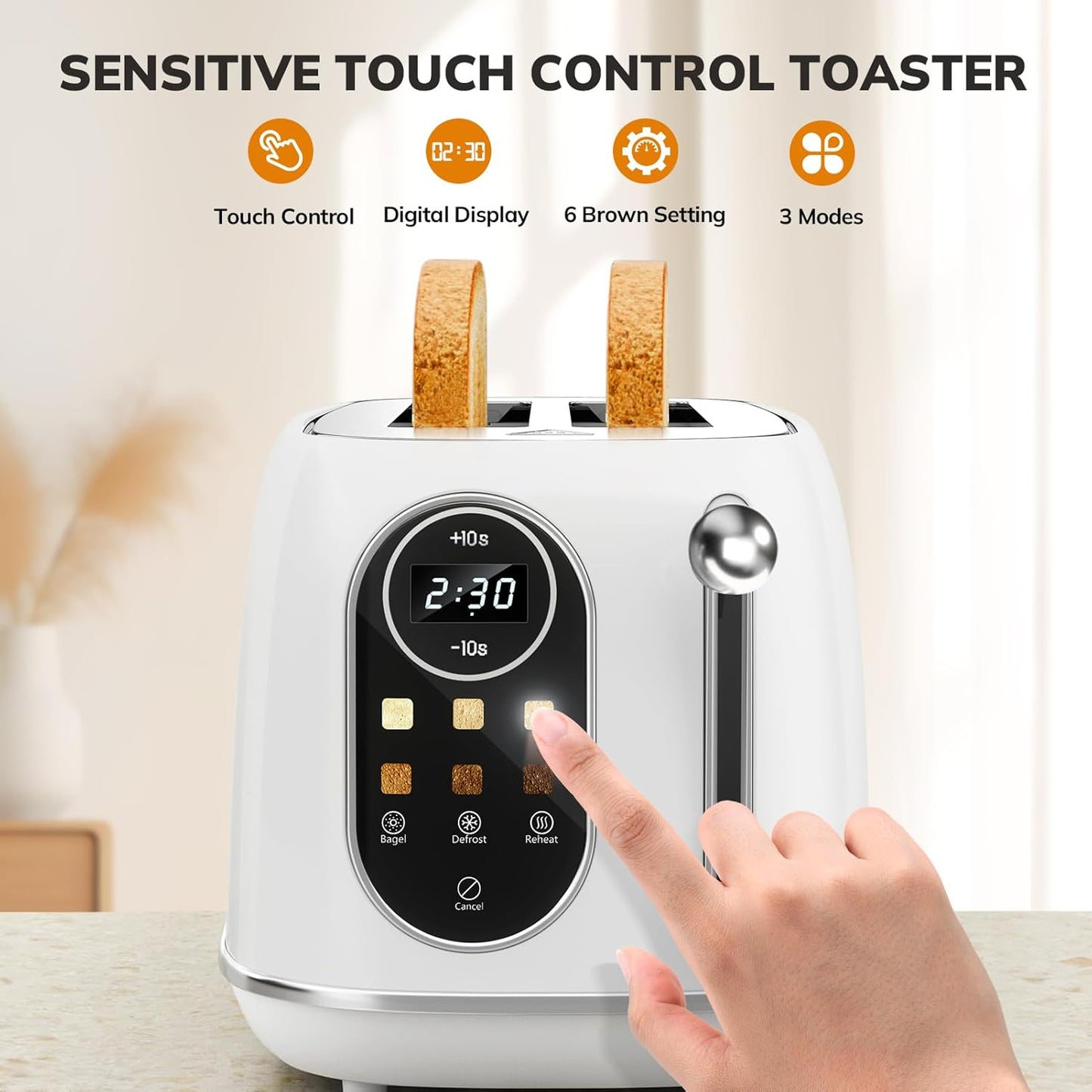 Keenstone Smart Touch Screen Toaster 2 Slice, Retro Wide Slot Stainless Steel Toaster with 6 Browning Levels, Reheat & Defrost, for Bagel, Toast, Bread, Removable Crumb Tray, White