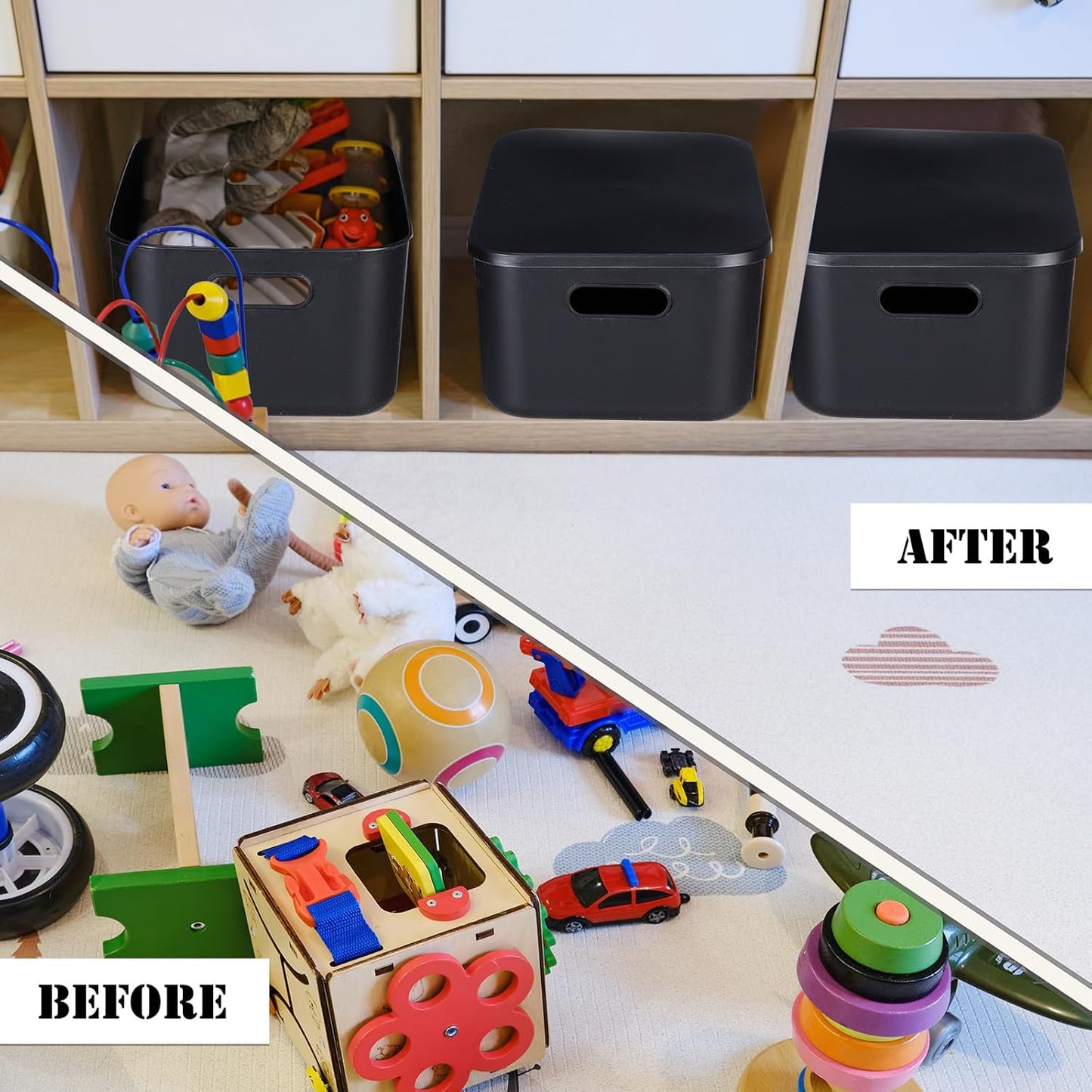 Hoolerry 8 Pieces Colorful Storage Bins with Lid, Plastic Storage Basket Organizing Container Stackable Box with Handle for Shelves Desktop Playroom Office(13.8 x 9.8 x 5.9 Inch,Black)