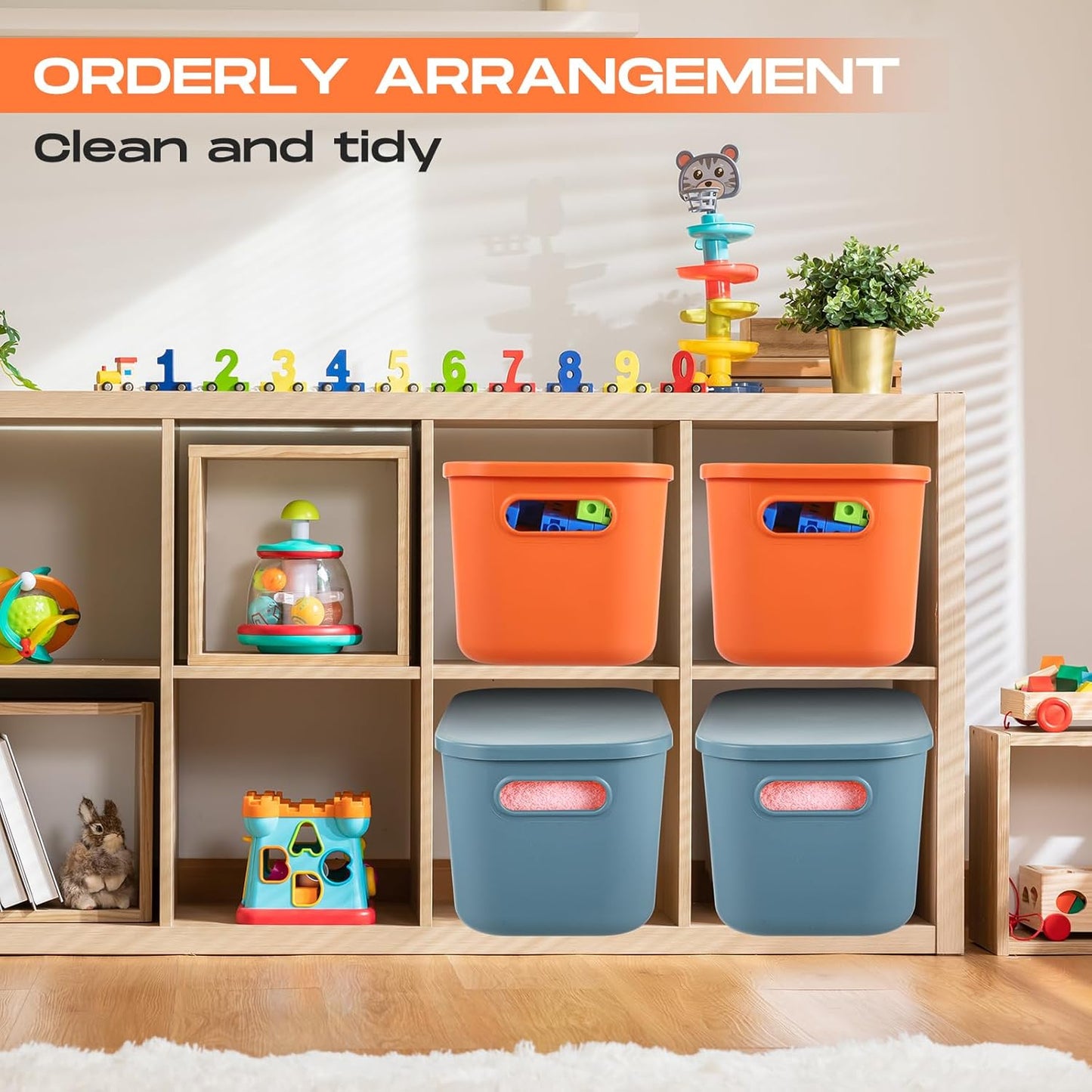 Hoolerry 8 Pieces Colorful Storage Bins with Lid, Plastic Storage Basket Organizing Container Stackable Box with Handle for Shelves Desktop Playroom Office(10.2 x 7 x 6.3 Inch,Blue and Orange)