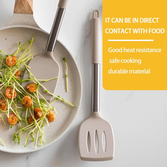 3Piece Silicone Spatula Set, Heat-Resistant, Non-Stick Kitchen Spatulas, BPA-Free, for Eggs, Pancakes, Fish, Woks, Includes Multifunctional shelf spoon pad (khaki)