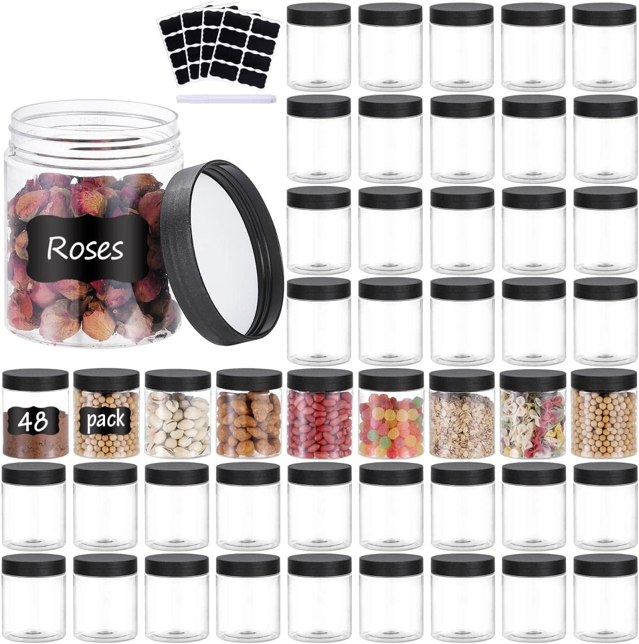 48PCS 8OZ Plastic Jars with Screw On Lids, Labels Refillable Empty Round Slime Containers for Storing Dry Food, Honey Jam, Cream, Butter, Lotion