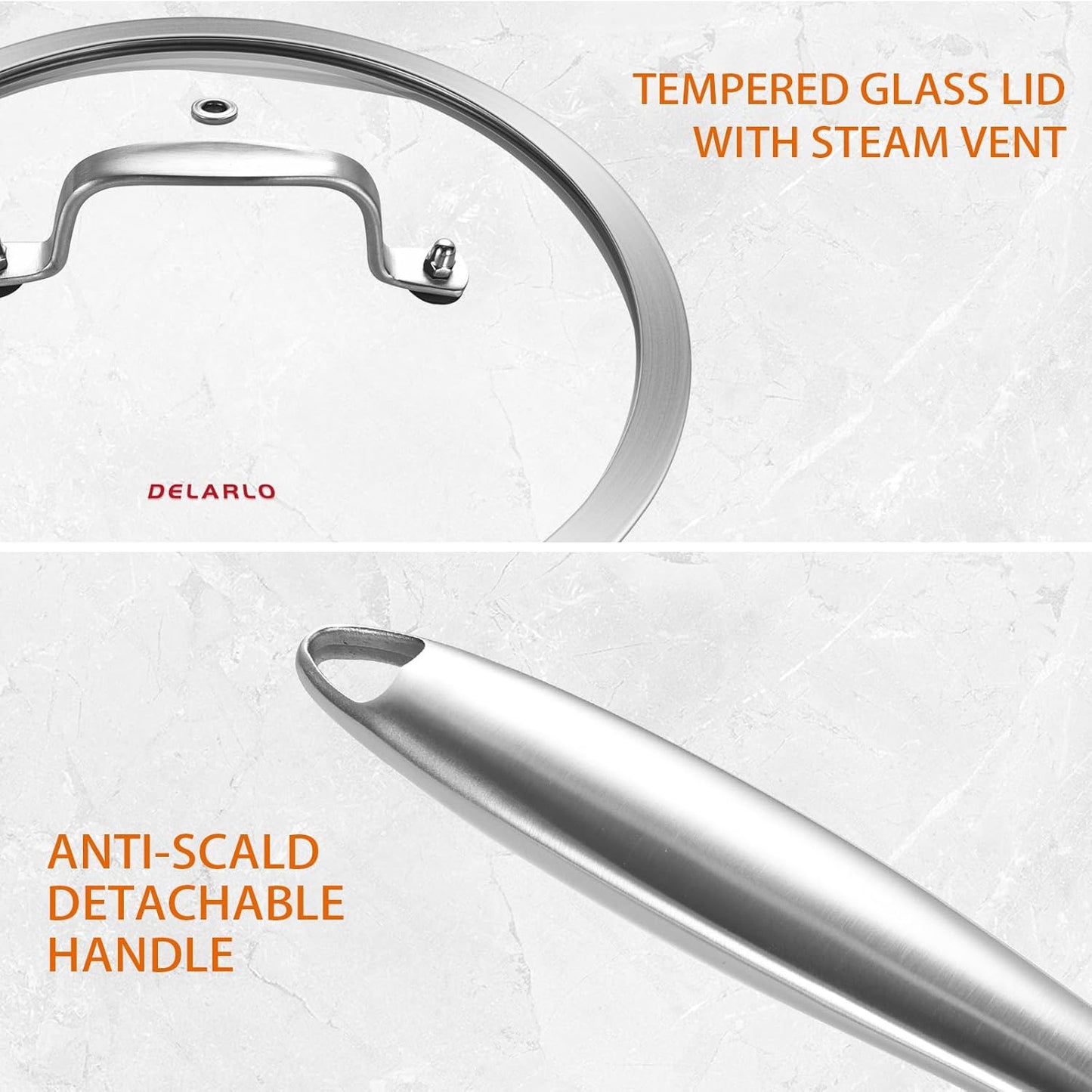 DELARLO Tri-Ply Stainless Steel 10 Inch Frying Pan,3 Quart Sauté Pan with lid,Compatible with All Cooktops,Oven Up to 660℉,Chicken Fryer,Dishwasher-Friendly