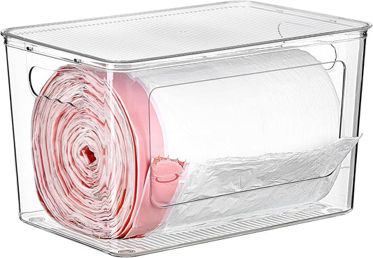 Vtopmart 1 Pack Trash Bag Holder, Stackable Garbage Bag Dispenser for 13/30/33 Gallon Bags, Clear Organizer Bins for Under Kitchen Sink, Laundry Room Organization and Storage