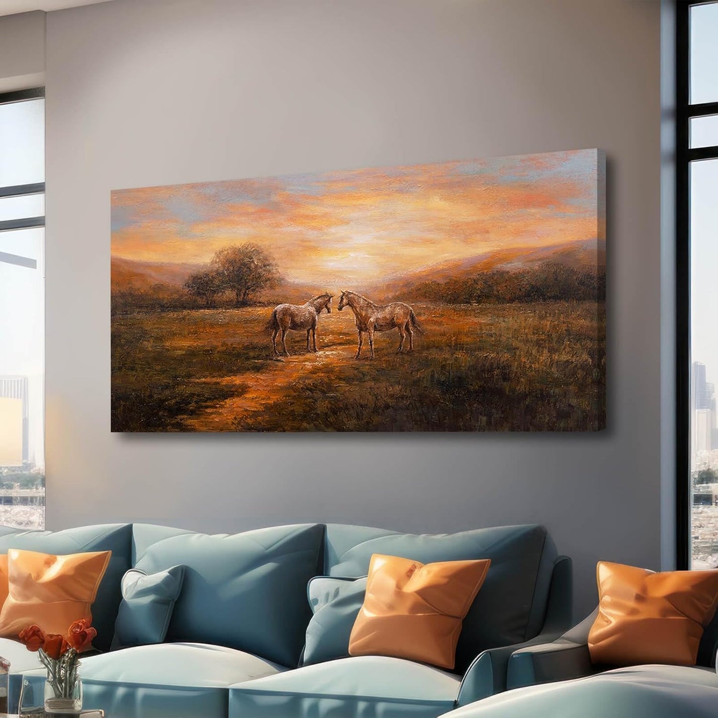 CHUDANHAO Large Wall Art Canvas Pictures Bedroom Wall Art Decor Horse Artwork Rustic Orange Decorations Nature Wall Decor for Living Room 24"x48"