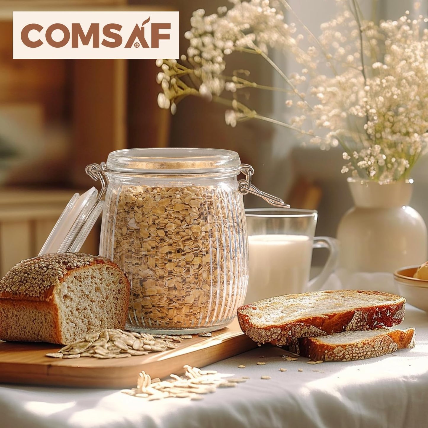 ComSaf Airtight Glass jar with lid 25oz Set of 6, Glass Storage Containers with Lids, Glass Canister, Mason Jars, Striped Clip Fastening Jar for Kitchen Canning, Oat, Coffee, Pasta, Snack, Nut, Candy