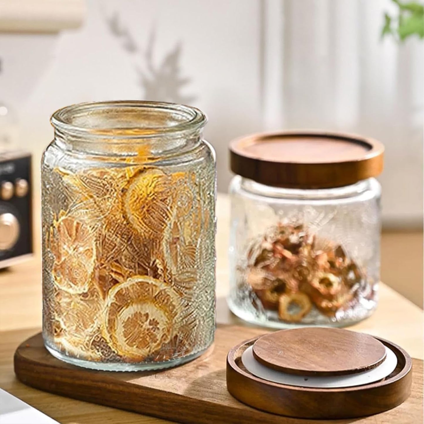 24 OZ Airtight Glass Storage Jar with Bamboo Lid - Vintage Glass Jar Vintage Food Containers Canisters Set for Kitchen Counter & Pantry - Ideal for Sugar, Flour, Coffee, Tea, Candy, Oats -2 Pack