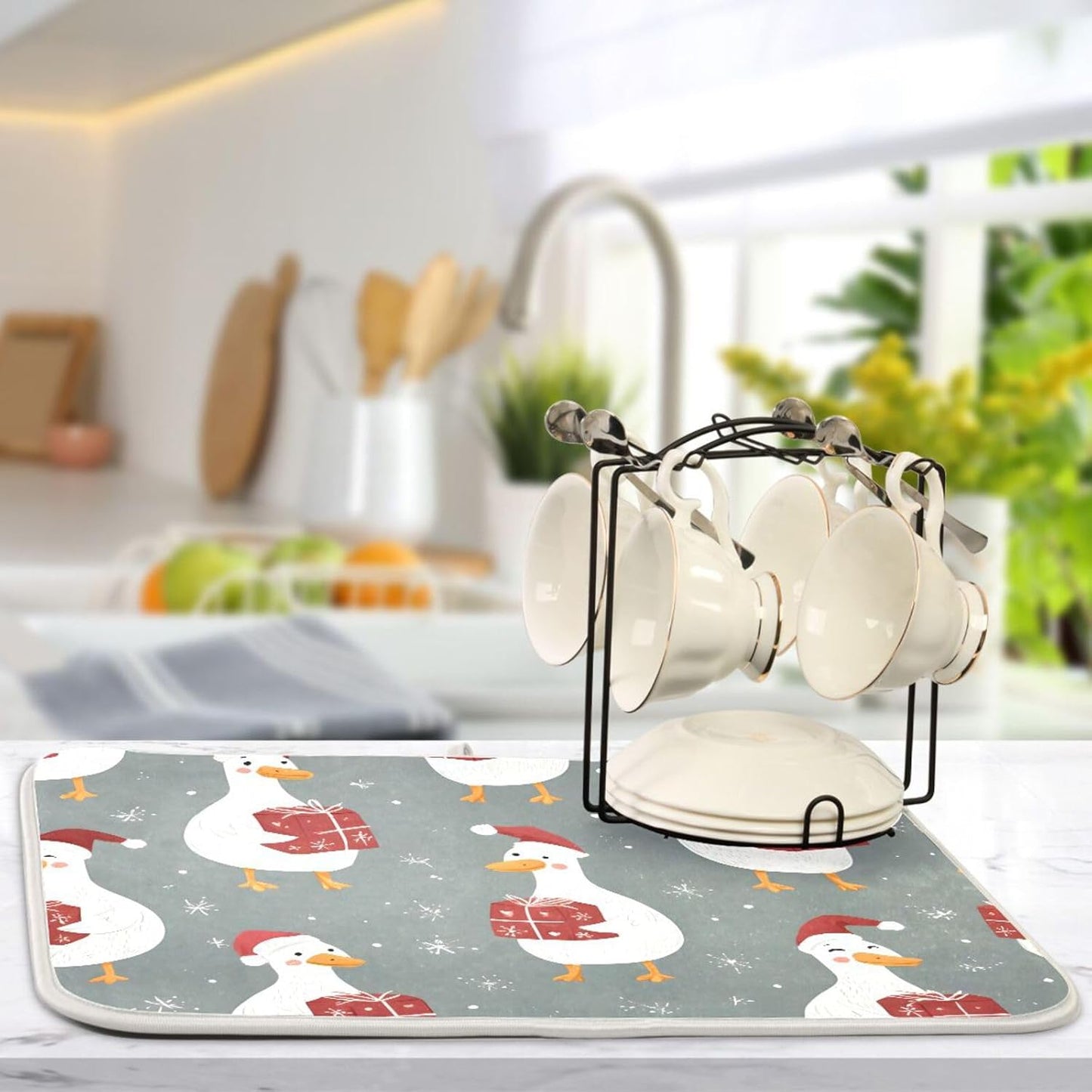 White Geese Wearing Hat Dish Drying Mat Super Absorbent Drying Mat 16x18 inch Large Dish Drying Mats for Kitchen Counter Dish Drying Pads Kitchen Drying Matt for Countertop