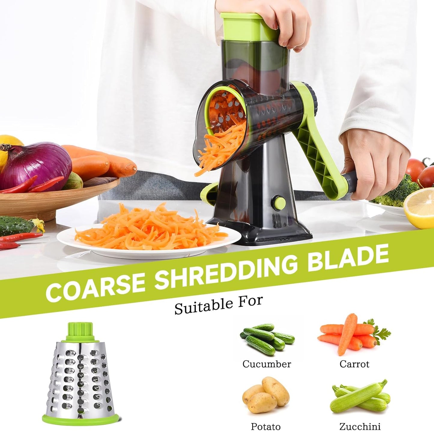 Rotary Cheese Grater with Handle Kitchen Shredder Slicer Grater Slicer Ice Shaver Cheese Vegetable Nuts Potato Zucchini Chocolate 3 Interchangeable Blades (Green TSP)