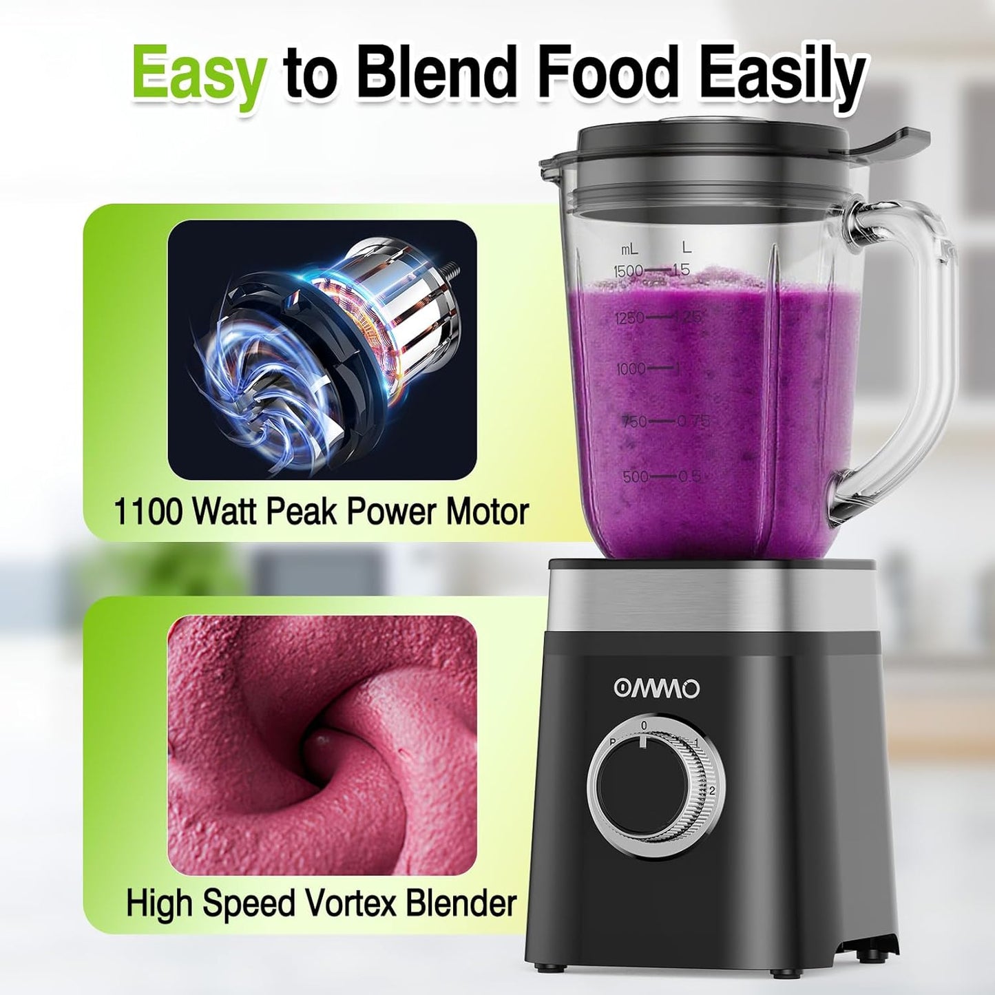 OMMO Blender, Professional Smoothie Blender with 4 Stainless Steel Blades, 50oz Glass Blenders for Kitchen with 2 Speed&Pulse, Dishwasher Safe for Ice Crush, Smoothies, Nuts, Frozen Drinks and Fruits