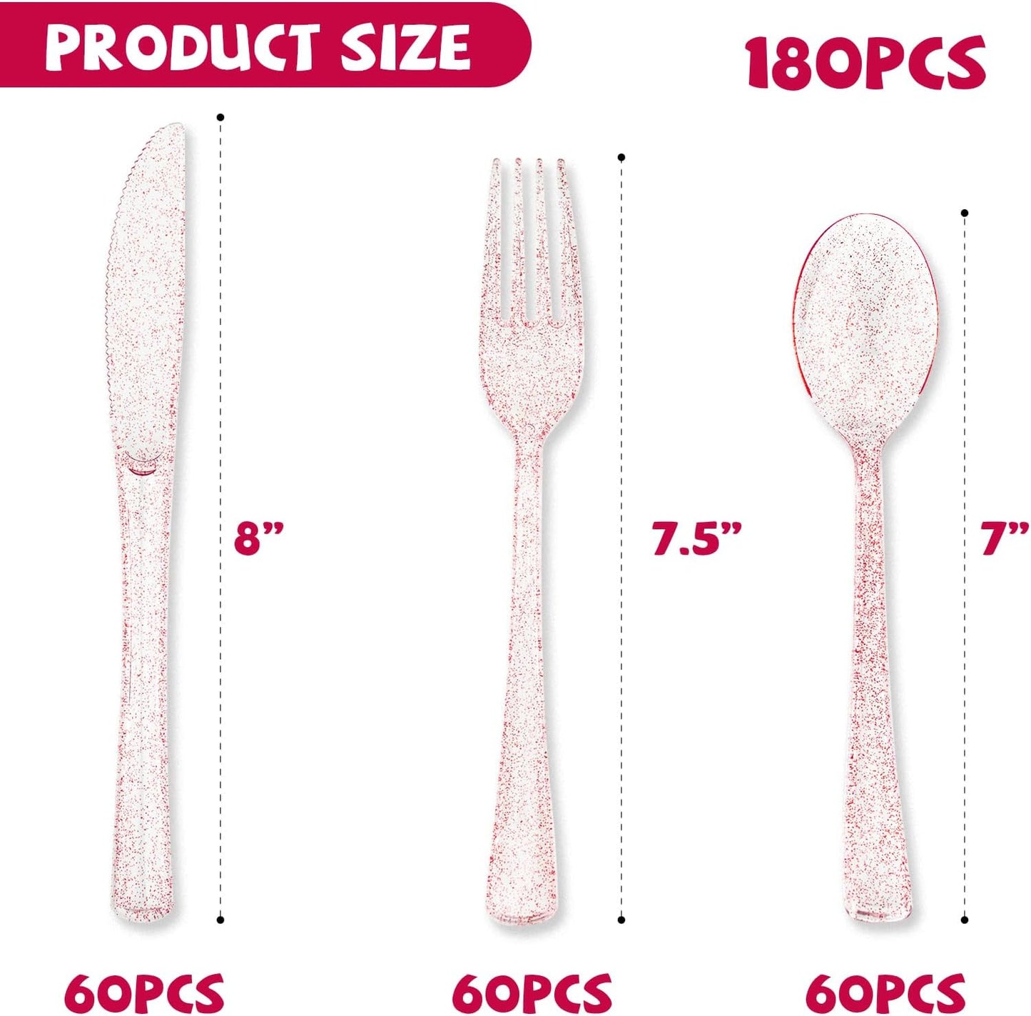 180PCS Rose Gold Plastic Silverware Set, Disposable Glitter Gold Cutlery, Flatware Set, 60 Forks, 60 Spoons, 60 Knives, Valentine's day Fancy Party Utensils