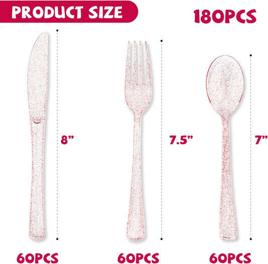 180PCS Rose Gold Plastic Silverware Set, Disposable Glitter Gold Cutlery, Flatware Set, 60 Forks, 60 Spoons, 60 Knives, Valentine's day Fancy Party Utensils