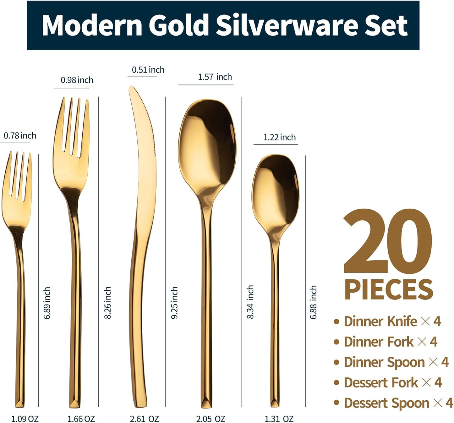Lemeya 20-Piece Gold Silverware Set for 4,Modern 18/10 Stainless Steel Flatware Set,Luxury Cutlery Set,Unique Utensils Set for Restaurant,Spoons and Forks Set,Mirror Polished,Dishwasher Safe