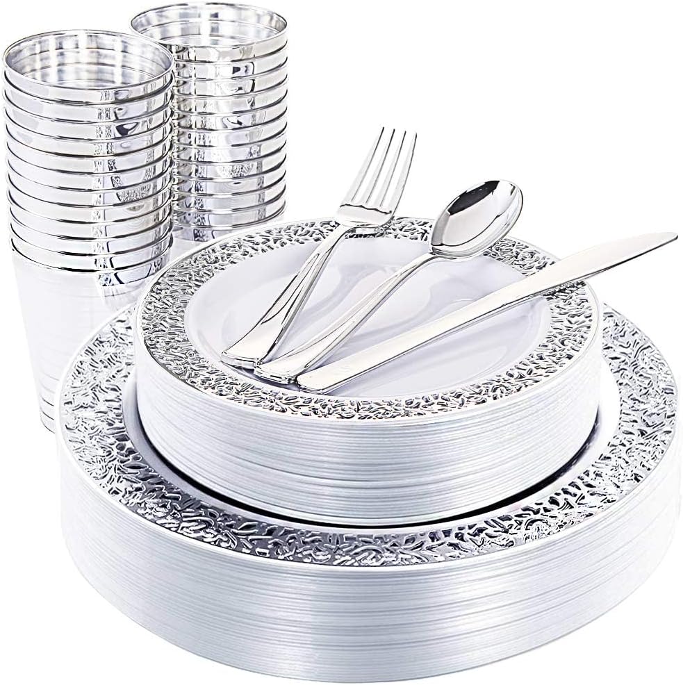 WDF 25Guest Silver Plastic Plates with Disposable Plastic Silverware &Silver Rim Cups- Include 25 Dinner Plates, 25 Salad Plates,25 Forks, 25 Knives, 25 Spoons&25 Cups for Christmas