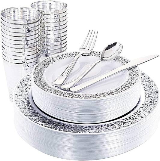 WDF 25Guest Silver Plastic Plates with Disposable Plastic Silverware &Silver Rim Cups- Include 25 Dinner Plates, 25 Salad Plates,25 Forks, 25 Knives, 25 Spoons&25 Cups for Christmas