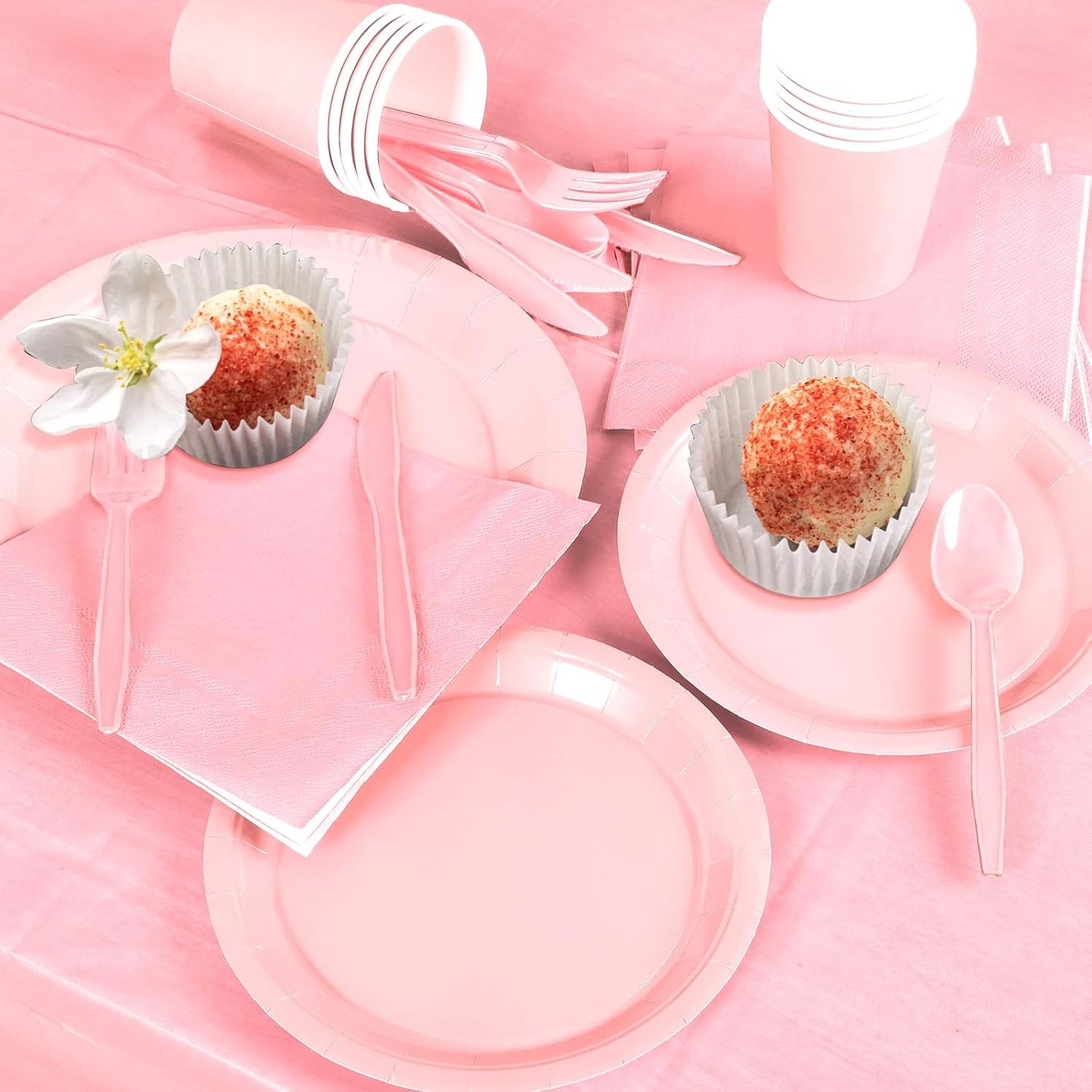 TWOWYHI 229PCS Pink Party Supplies Set Paper Disposable Plates Cups Plastic Spoons Forks Knives Pink Napkins for 30 Guests Disposable Party Dinnerware Sets for Wedding Birthday Parties