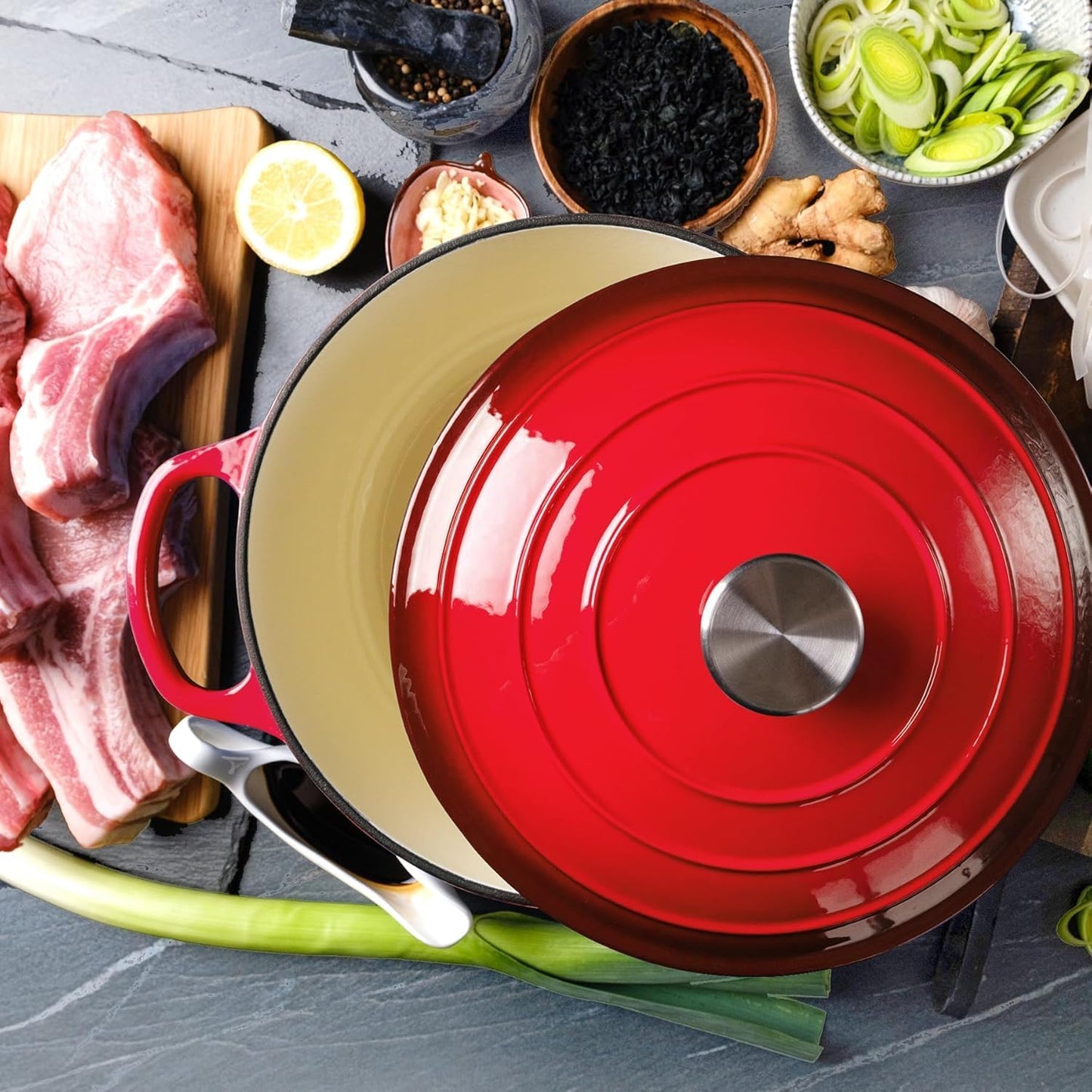 Cast Iron Dutch Oven Pot with Lid – Deep Cooking Pot for Bread, Stews, Casseroles – Oven Safe Cookware, Kitchen Essential & Wedding Gift – Compatible with All Heat Sources (Red)