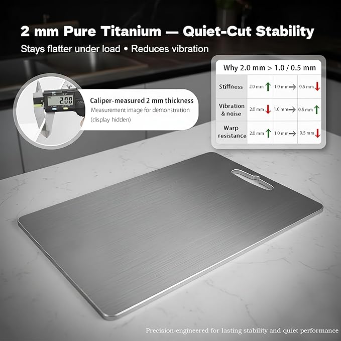 Titanium Cutting Boards For Kitchen, 2 mm Thick, 16 x 11 in 100% Pure Titanium Cutting Board, Stays Flat & Stable, Quieter, Less Vibration, Dishwasher Safe, Reversible, for Meat, Fish & Veg, BBQ Prep.