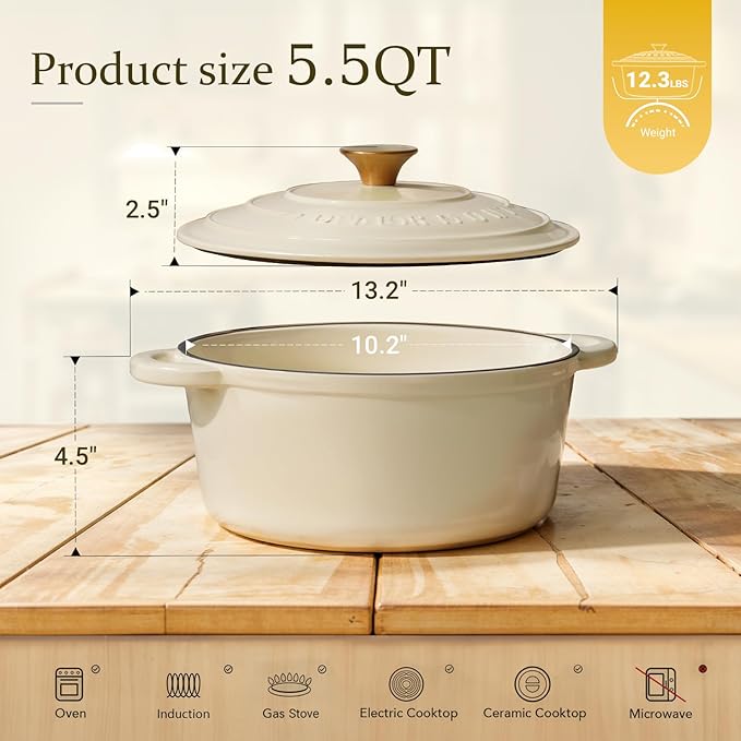 Overmont Enameled Cast Iron Dutch Oven - 5.5QT Pot with Lid Cookbook & Cotton Potholders - Heavy-Duty Cookware for Braising, Stews, Roasting, Bread Baking Cream White