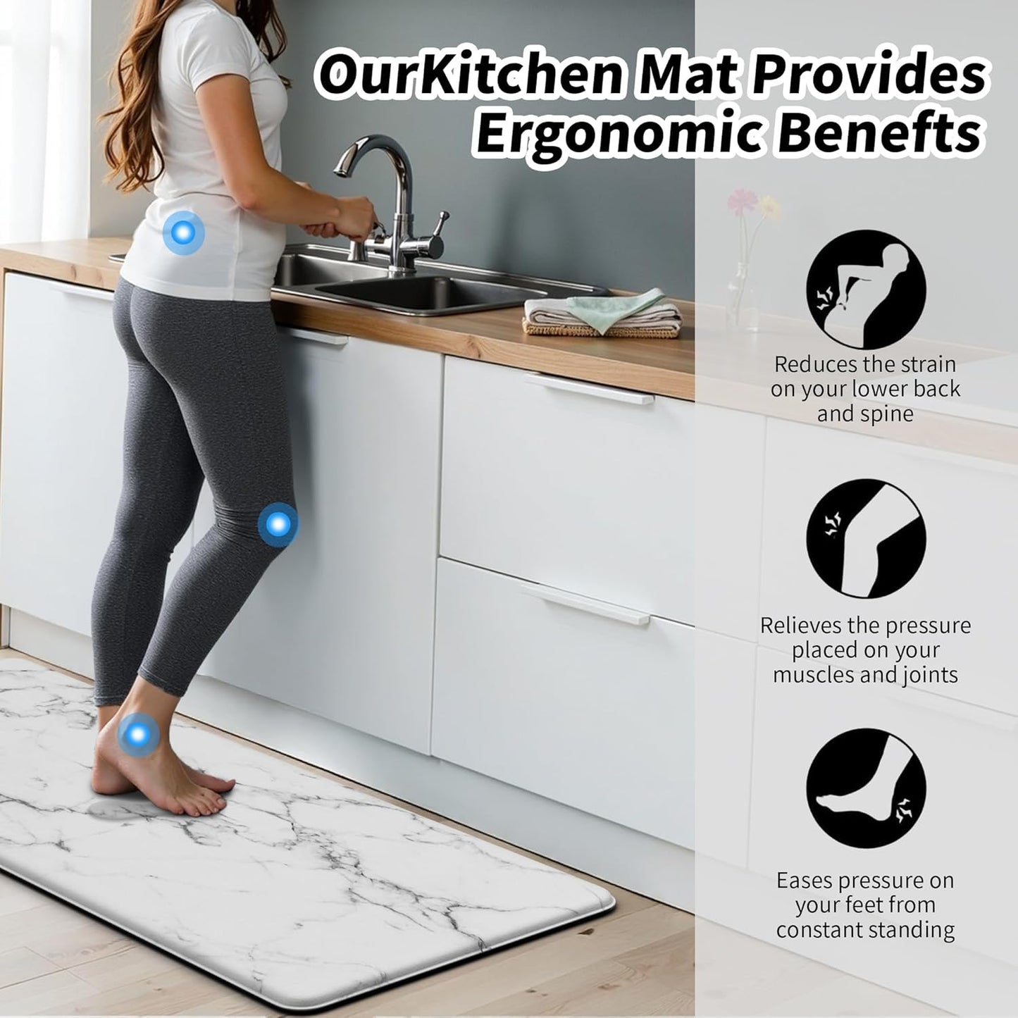 Marble White Kitchen Mats for Floor Anti Fatigue Mats for Kitchen Floor Kitchen Rugs Abstract Art Decorative Cushioned Non Slip Waterproof Mats for in Front of Sink for Office Bedroom Laundry