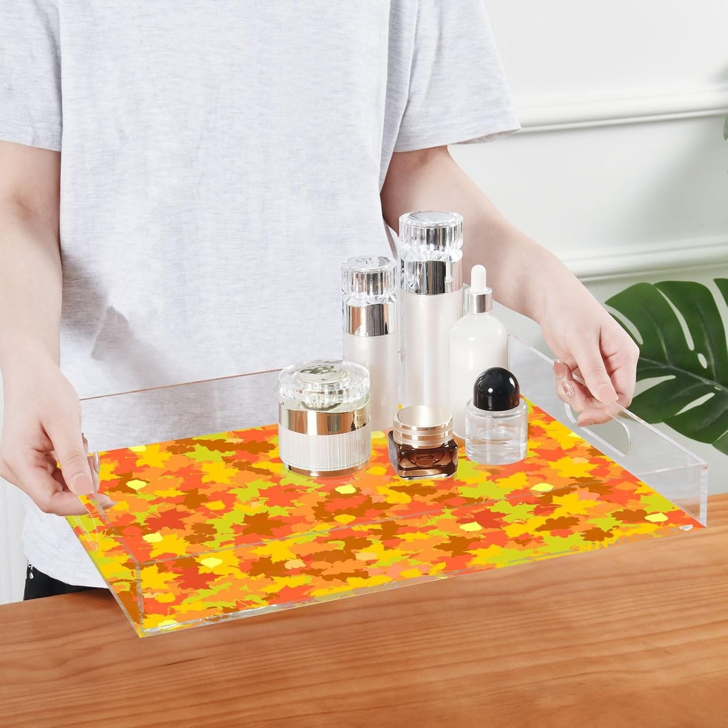 Acrylic Serving Tray with Handles Spill Proof Kitchen Storage Tray Clear Decorative Tray Makeup Drawer Organizer Storage Tray for Bathroom Living Room Ottoman 15.7x11.8Inches