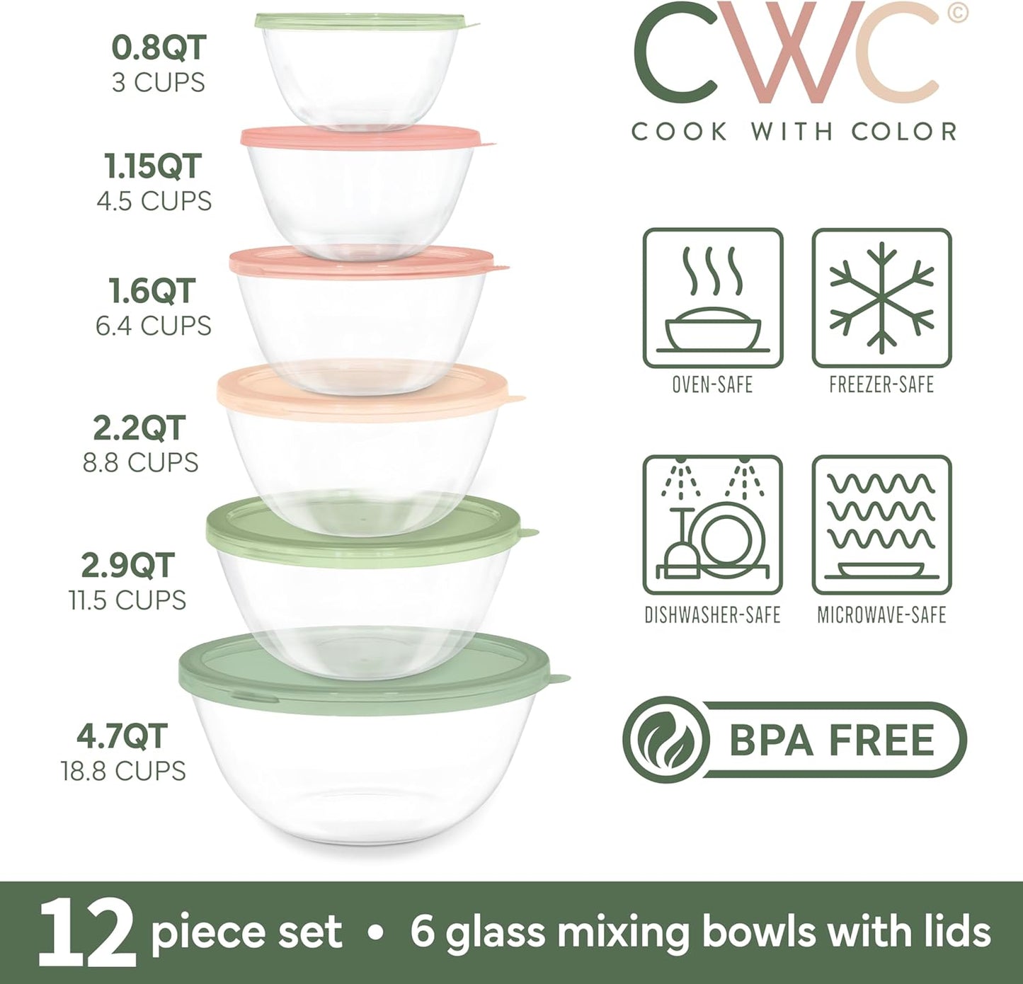 COOK WITH COLOR 12 Pc Glass Mixing Bowl Set with Lids – Borosilicate Glass Nesting Bowls for Cooking, Baking and Meal Prep, Multicolor