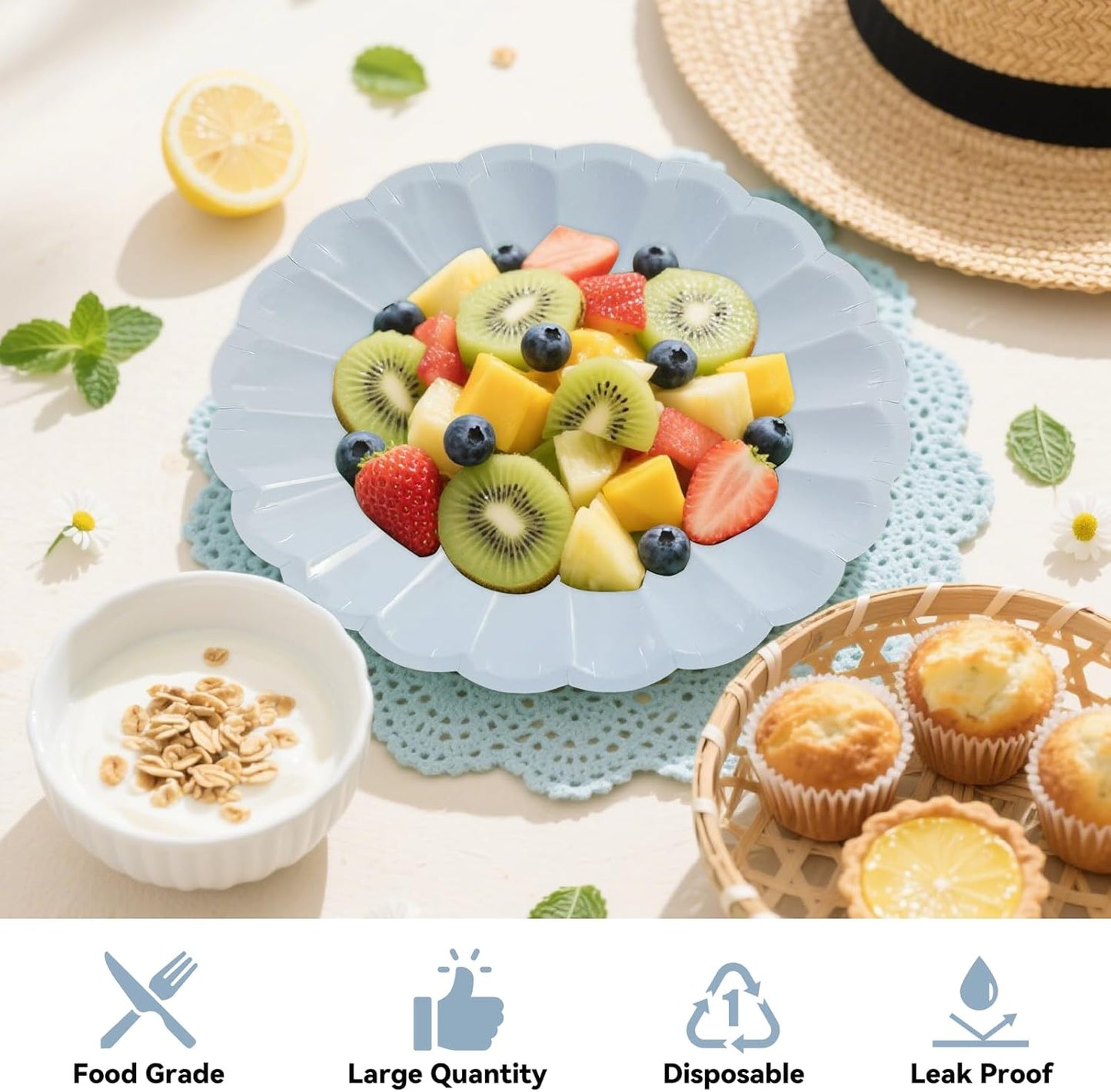 50Pcs Large Scalloped Light Blue Paper Plates 9Inch Shell Edge Dinner Plates for Cake Salad Fruit Disposable Dinner Serving Plates for Birthday Wedding Baby Shower Party Decorations