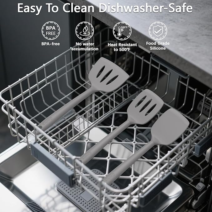 Coukre Silicone Kitchen Cooking Utensils Set with Holder – Heat-Resistant, Food-Grade Kitchen Tools, Spatula, Spoon & Gadgets for Non-Stick Pans, Dishwasher Safe (14, PureGray)